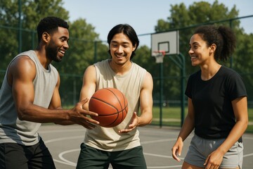Group of young adults playing basketball happily on outdoor court in natural light with green trees in background, showing teamwork and fun concept. Ai generative