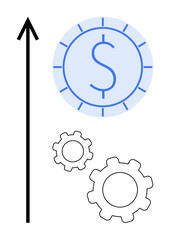 Arrow pointing upward beside gears and a dollar coin symbolizes financial growth, innovation, progress, investment, business development, productivity, success. Ideal for presentations, startups