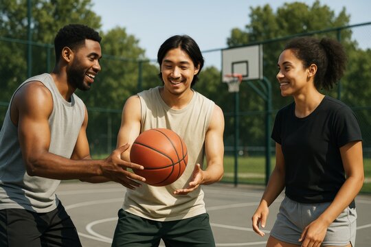 Group of young adults playing basketball happily on outdoor court in natural light with green trees in background, showing teamwork and fun concept. Ai generative