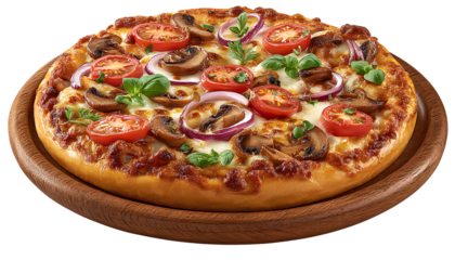 photo of a realistic, full pizza with fresh tomatoes, red onion, and mushrooms on a wooden plate, isolated on a transparent background.