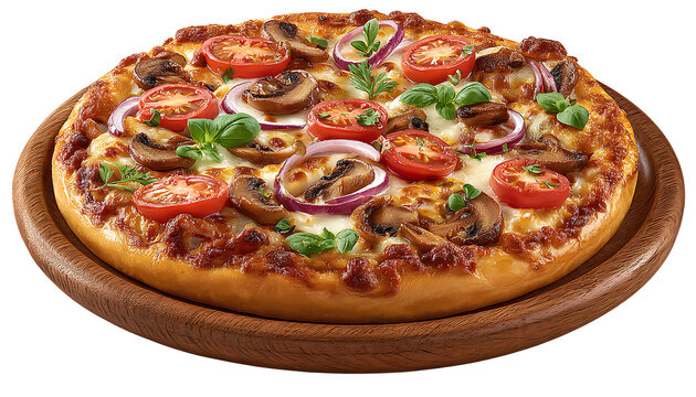 photo of a realistic, full pizza with fresh tomatoes, red onion, and mushrooms on a wooden plate, isolated on a transparent background.