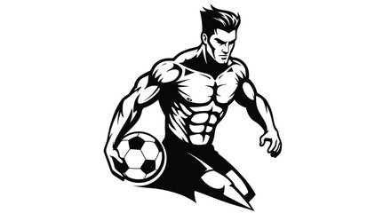A muscular soccer player dribbles the ball with determination, isolated on white background, showcasing strength and skill in a dynamic black and white design