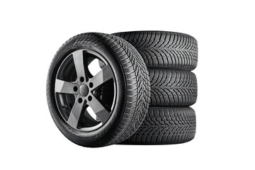 Car tires with a great profile in the car repair shop. Set of summer or winter tyres in front of...