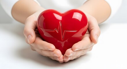 Fototapeta premium Hands holding a red heart with a cardiogram symbol, isolated on white background