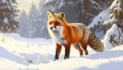 A vibrant red fox stands proudly in a snowy forest scene, bathed in the soft glow of winter sunlight.