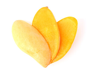 Ripe mangoes cut in half and slice isolated on white background top view