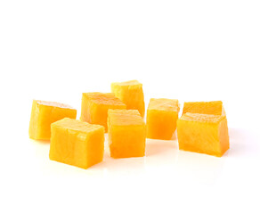 Heap Mango cubes. Juicy mango cubes , mango cube slices Isolated on a white background.
