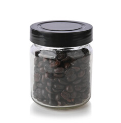Coffee beans in glass jar isolated on whie background.