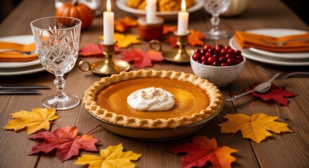Fototapeta premium The Heart of the Feast: Pumpkin Pie Amidst a Vibrant Thanksgiving Tablescape