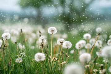 Dandelions in a field, seeds flying