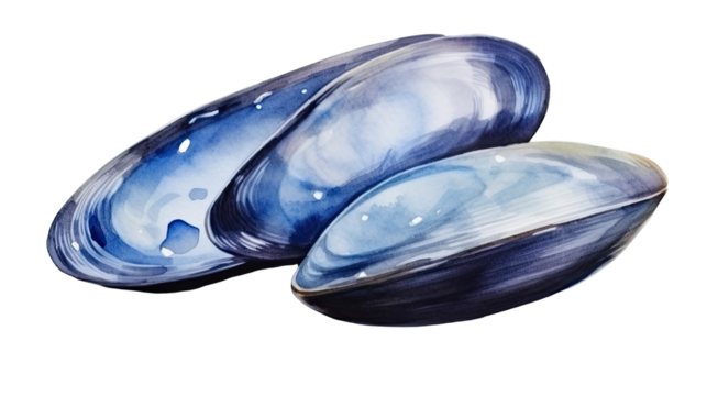 Blue mussel shells seafood watercolor painting illustration isolated on white background