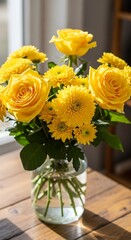 Fototapeta premium A vibrant bouquet of yellow roses and chrysanthemums in a clear glass vase, bathed in natural light, sits on a wooden table.