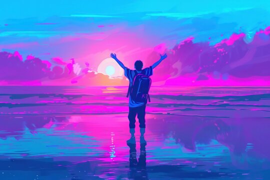 Happy man with backpack standing with arms up at the beach purple happy blue.