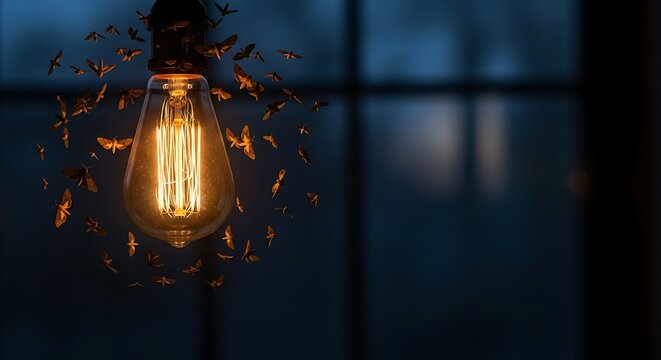 A vintage-style lightbulb, bathed in warm light, is surrounded by a swarm of moths, creating a captivating and evocative scene.