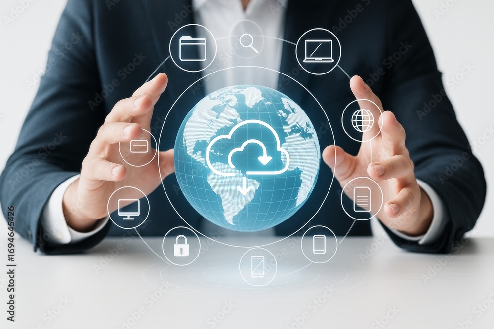 Poster businessman interacting with global cloud computing hologram interface showing various technology ic