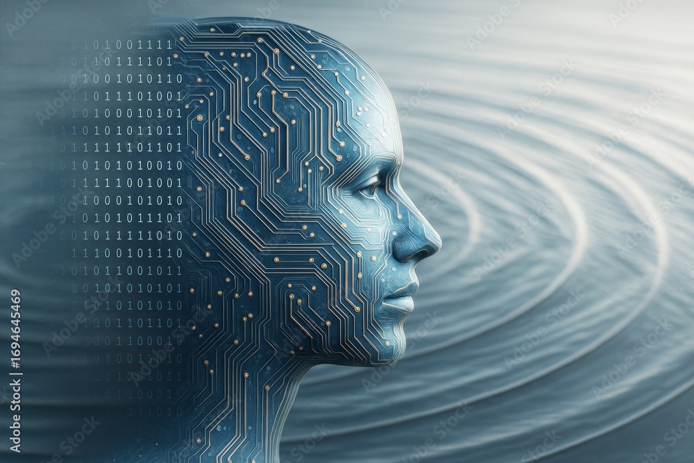 Poster futuristic human face with circuit patterns merging into binary code on a digital wave light backgro