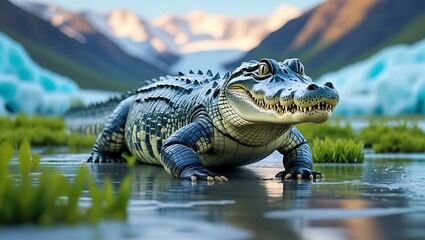 Fototapeta premium A realistic detailed crocodile in water with beautiful mountain landscape background