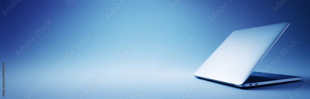 Poster sleek silver laptop partially open on smooth gradient blue background with copyspace on left side fo