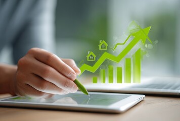 A person draws a graph showing upward growth overlaid on a tablet