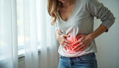 Woman clutches stomach in pain, grimacing from abdominal discomfort. Red glow highlights area of distress, suggesting cramps, inflammation, digestive issues. Female experiencing stomach ache,