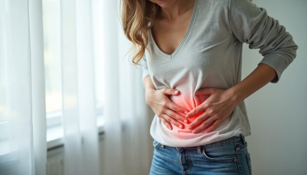 Woman clutches stomach in pain, grimacing from abdominal discomfort. Red glow highlights area of distress, suggesting cramps, inflammation, digestive issues. Female experiencing stomach ache,