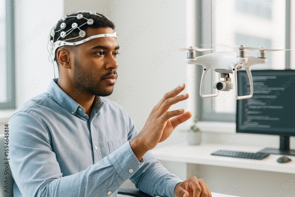 Poster man controlling drone with brain-computer interface in modern office setting, demonstrating futurist