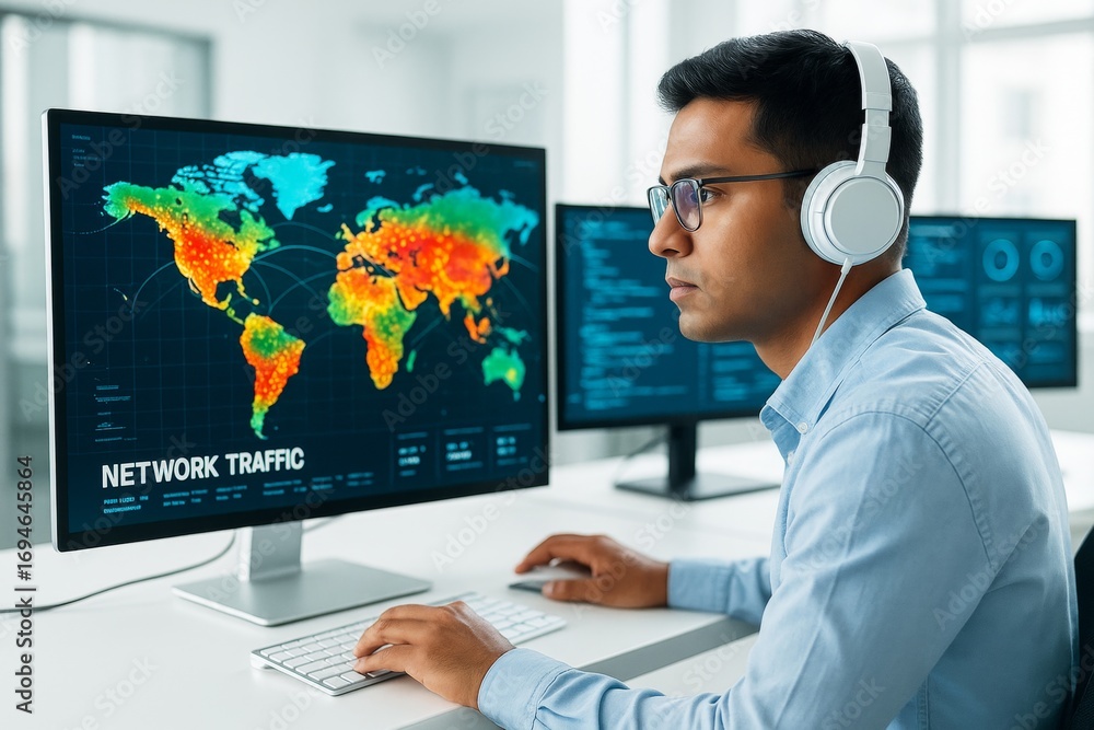 Poster cybersecurity analyst monitoring global network traffic data on multiple screens in a modern office 