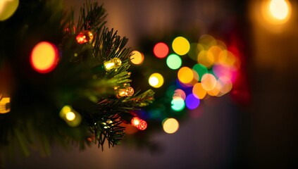 Close-up view of colorful Christmas lights glowing upon the green garland indoors at night, featuring blurred bokeh background creating a warm and festive holiday atmosphere