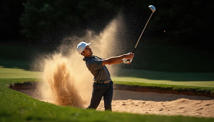 Pro golfer hits sand bunker shot with powerful club swing. Sand explosion creates dynamic motion blur effect. Athlete executes escape with precision, skill on golf course.