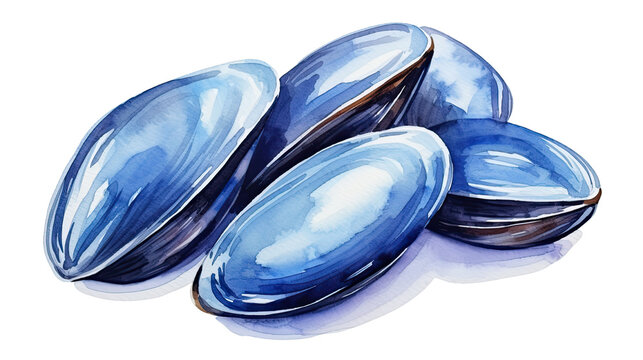 Blue mussel shells watercolor seafood illustration isolated on white background