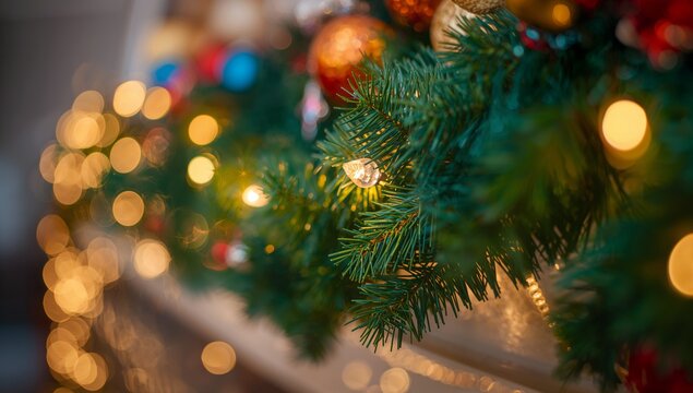 Close-up of the decorated Christmas garland featuring glowing festive lights and ornaments, captured indoors with warm bokeh background creating a cozy holiday atmosphere