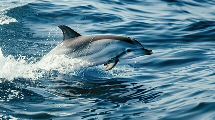 Fototapeta premium A dolphin is swimming in the ocean. The water is blue and the dolphin is white. The dolphin is in the middle of the water and is surrounded by waves