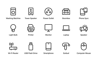 Modern Electronics Devices Line Icon Pack. Minimal professional outline vector set of smartphones, laptops, and portable technology illustrations