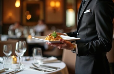 Waiter in black suit presents gourmet pasta dish with herb garnish at upscale restaurant. Soft candlelight and elegant decor create sophisticated dining atmosphere for friends enjoying luxurious meal.
