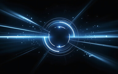 Futuristic glowing portal with light streaks on a dark background, representing digital transformation and innovation.