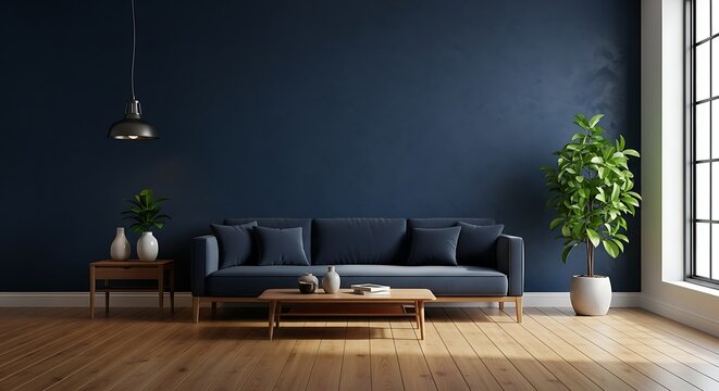 A modern living room with a navy blue sofa, wooden floor, and plants creating a cozy and stylish interior design concept for relaxation