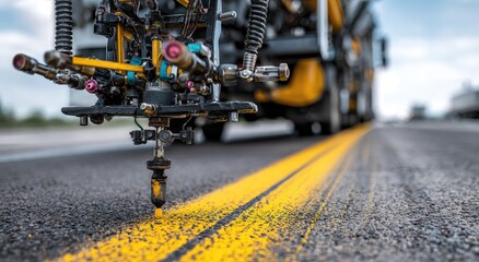 Road marking machine applying yellow line