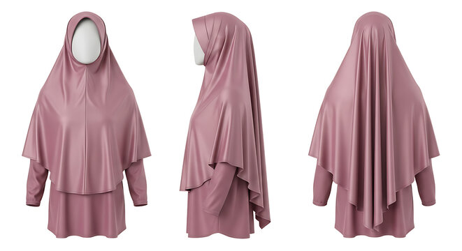 Dusty Rose Jilbab Set on Mannequin, Front, Side and Back View on White Background