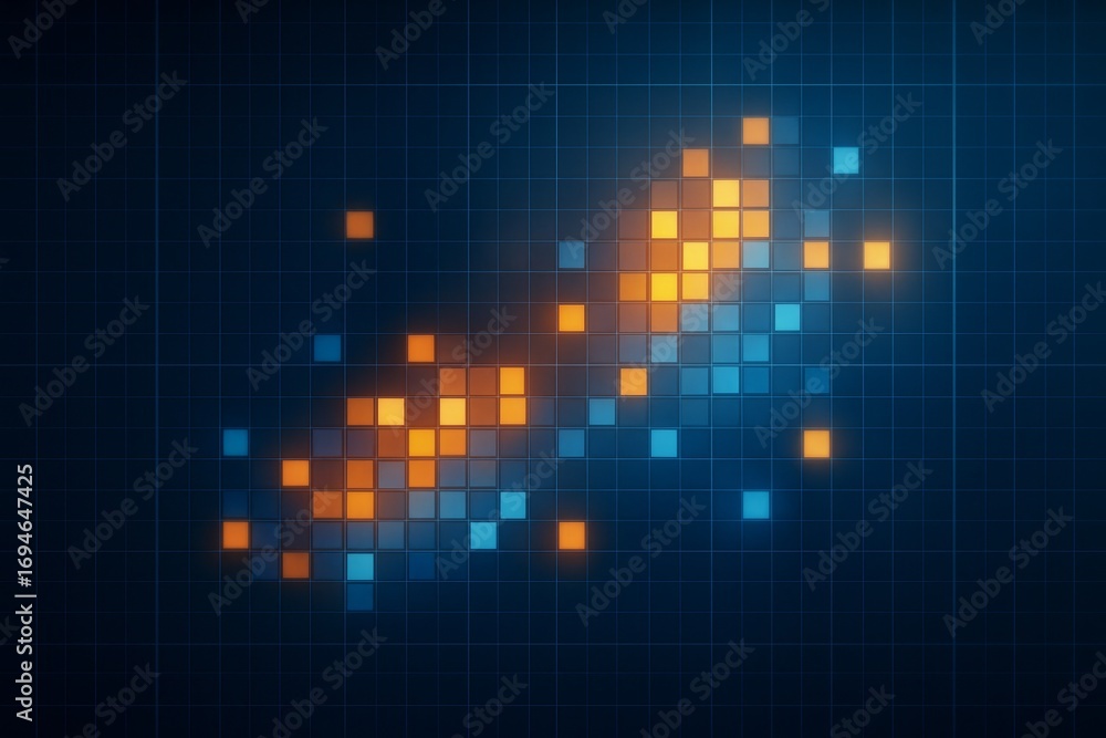 Poster glowing orange and blue pixel grid forming abstract digital flow on dark background representing mod