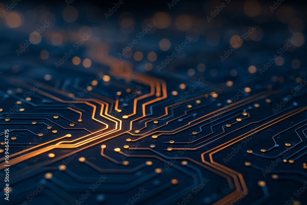 Poster glowing circuit lines on a futuristic digital motherboard background in dark blue and orange tones, 