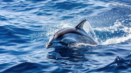 Fototapeta premium A dolphin is swimming in the ocean. The water is blue and the dolphin is white. The dolphin is in the middle of the water and is surrounded by waves