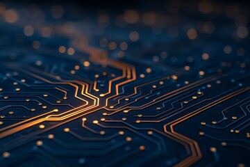 Glowing circuit lines on a futuristic digital motherboard background in dark blue and orange tones, symbolizing advanced technology and connection. Ai generative