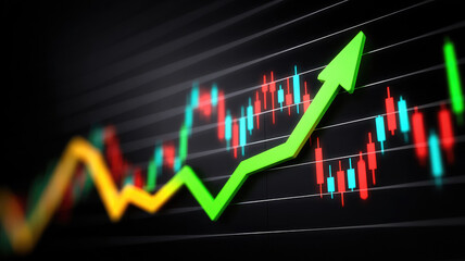 Fototapeta premium Dynamic stock market chart with colorful candlesticks and prominent green upward arrow symbolizes growth and investment success. image conveys sense of financial optimism