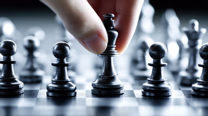 Hand strategically moves black king piece on chessboard, symbolizing thoughtful decision making and strategy. focus is on chess pieces, highlighting intensity of game