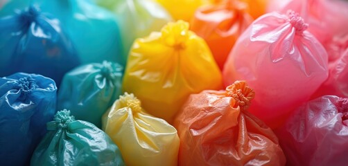 Colorful plastic bags tied with drawstring. Collection of blue, green, yellow, orange, pink bags. Celebrating international plastic bag free day. Concept of consumerism, recycling, environmental