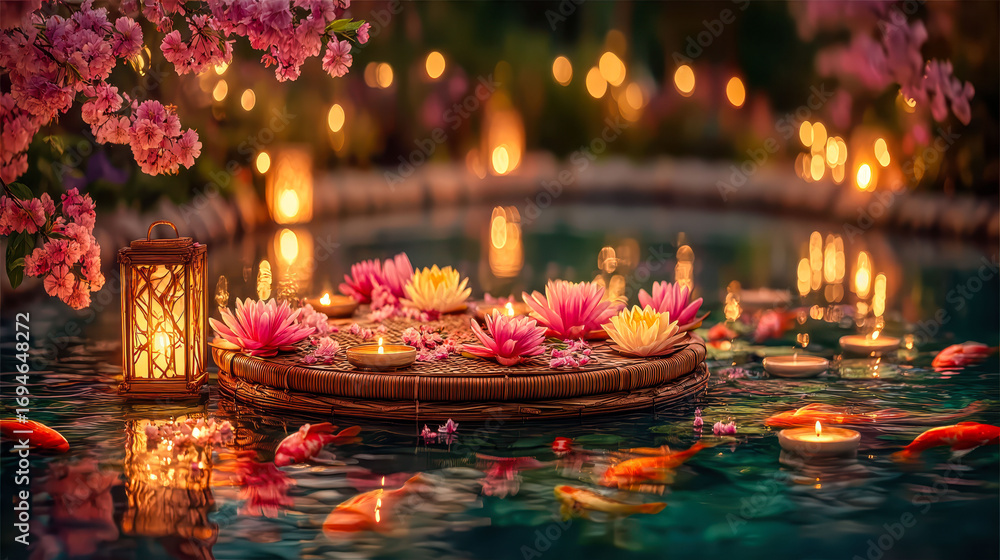 Poster a pond with a lantern on a small platform in the middle. the lantern is lit and surrounded by pink f