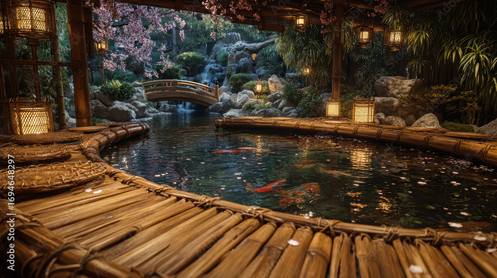 Poster a pond with a bridge and a few trees in the background. the pond is filled with fish and has a peace