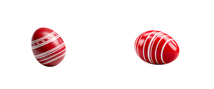 Two red Easter eggs with white stripes on a transparent background, cut out