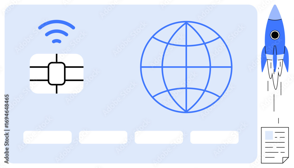 Poster digital card with microchip and wireless signal beside globe, rocket, and document. ideal for fintec
