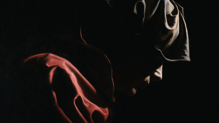 A person is wearing a red shirt and a black hat